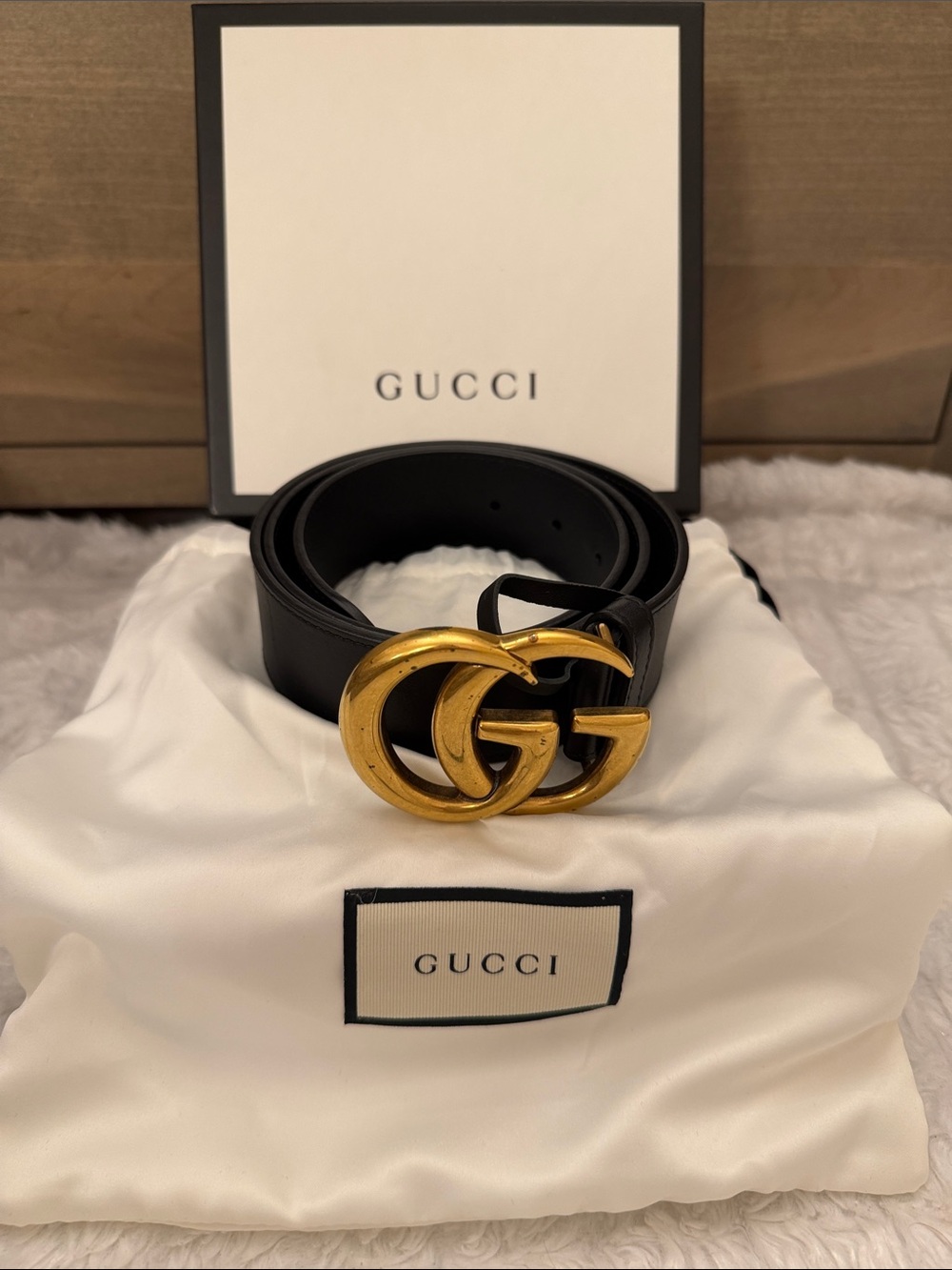 Gucci Black Leather Belt with Gold Double G Interlocking Buckle